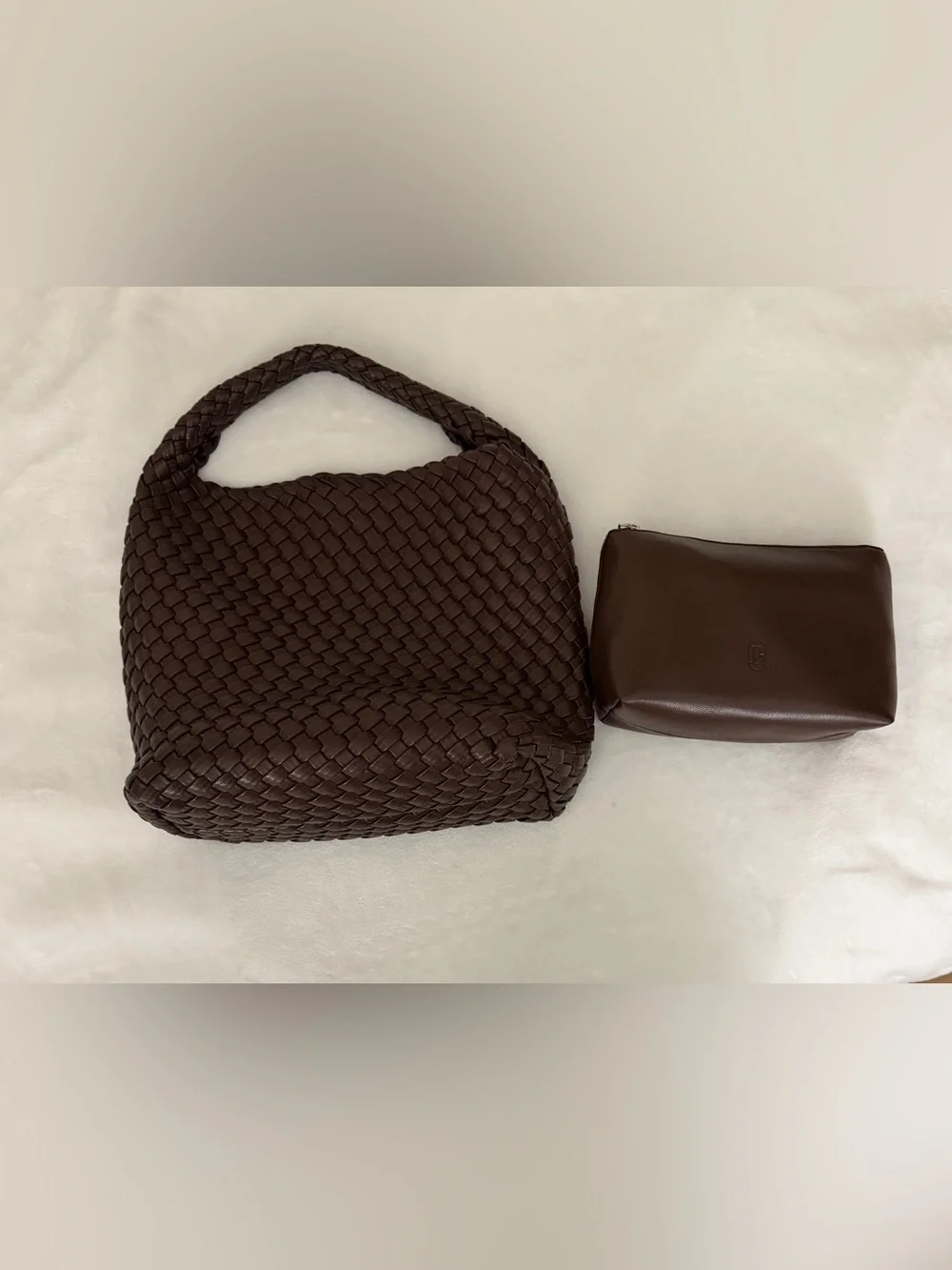 NWT Rylan Alt-Leather Small Woven Tote brown (with pouch and dust bag)